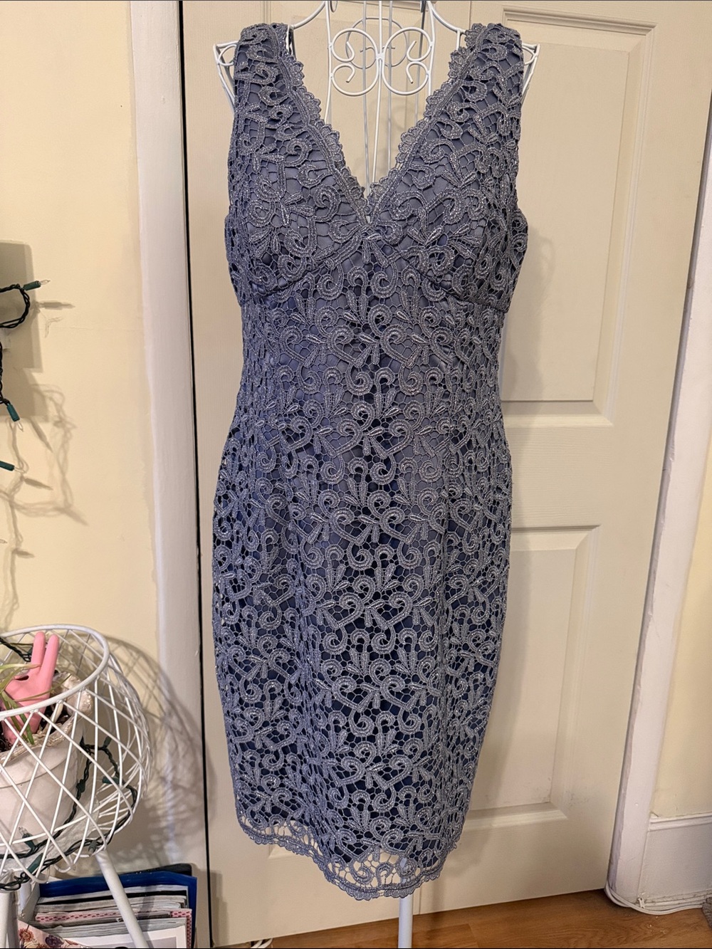 Adrianna Papell Slate Blue Lace V-Neck Sheath Dress